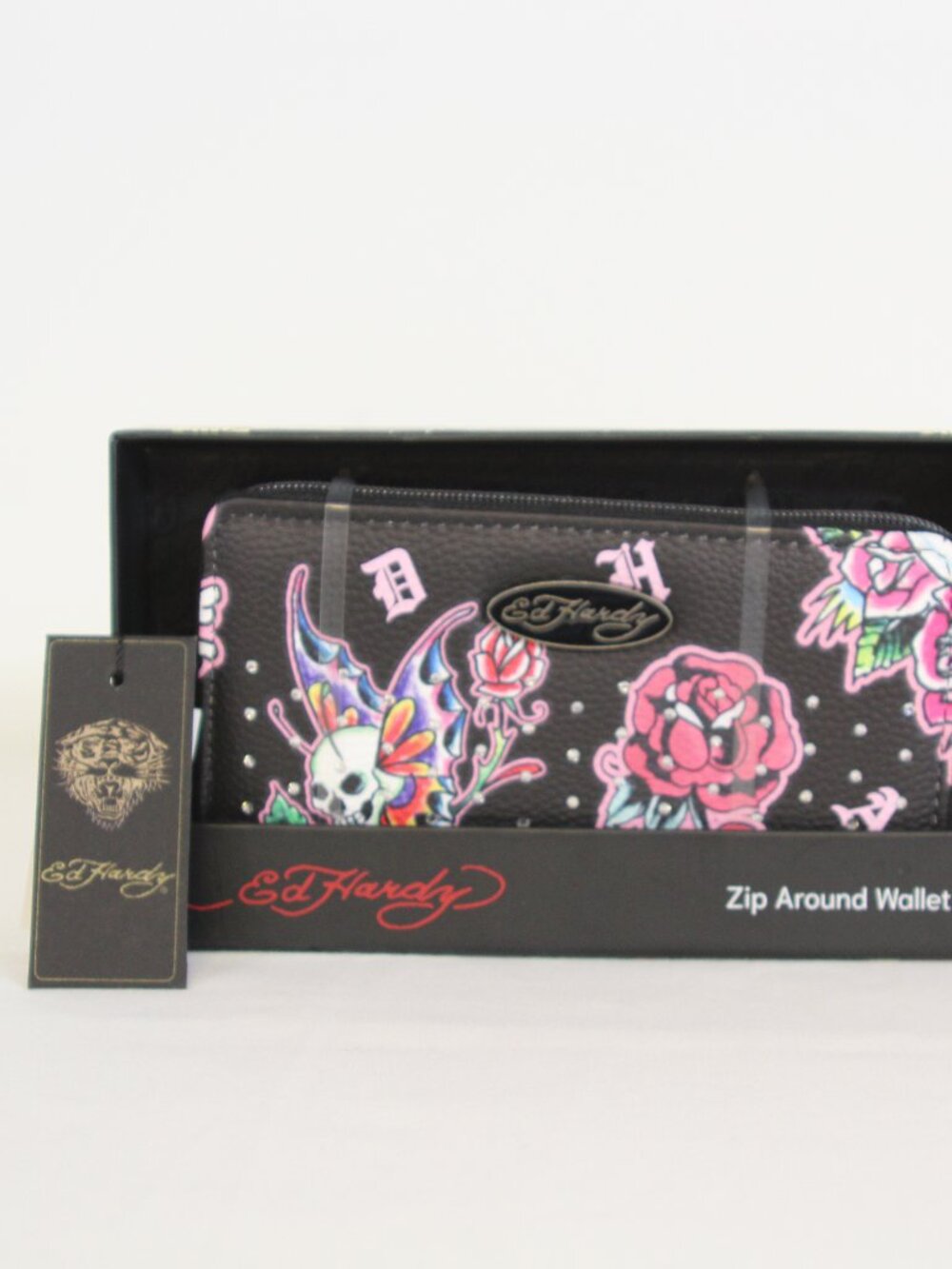 Ed Hardy Tattoo Rose Skull Zip Around Wallet Keychain Set NWT Y2K